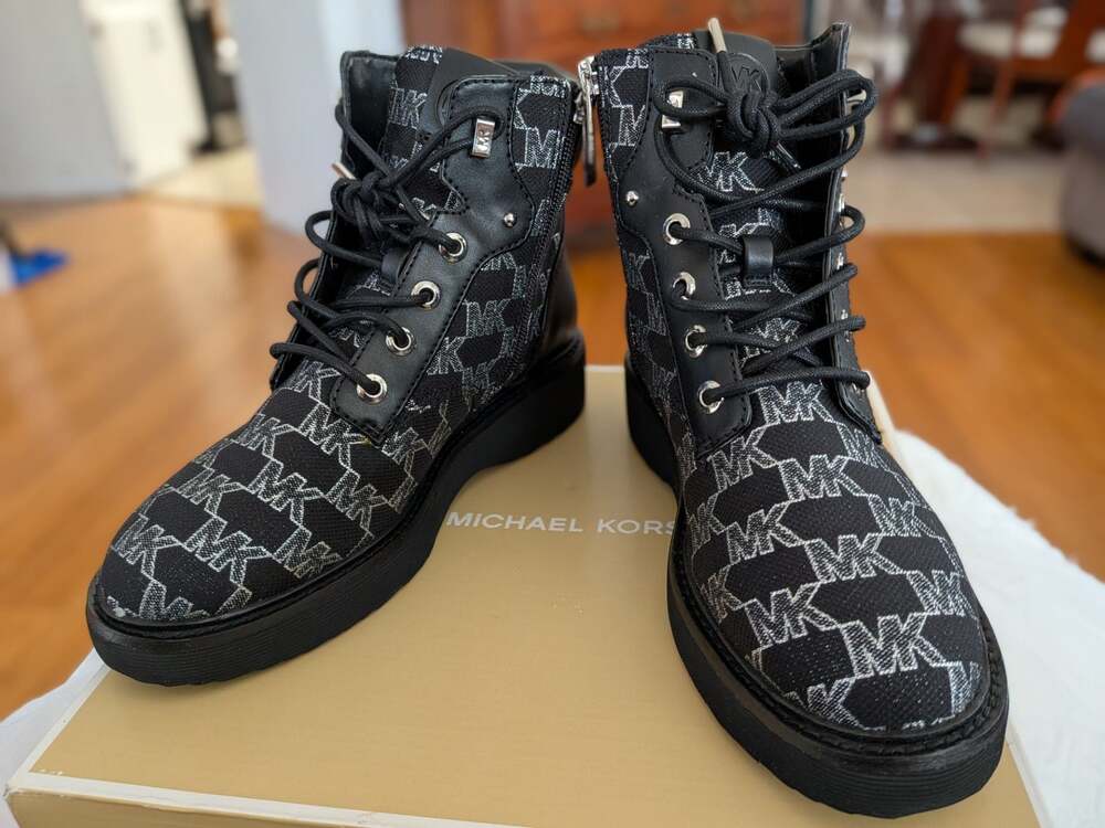 Michael Kors Trudy Bootie Met MK Outline JQD Lace Up Boot Black Size 6.5M